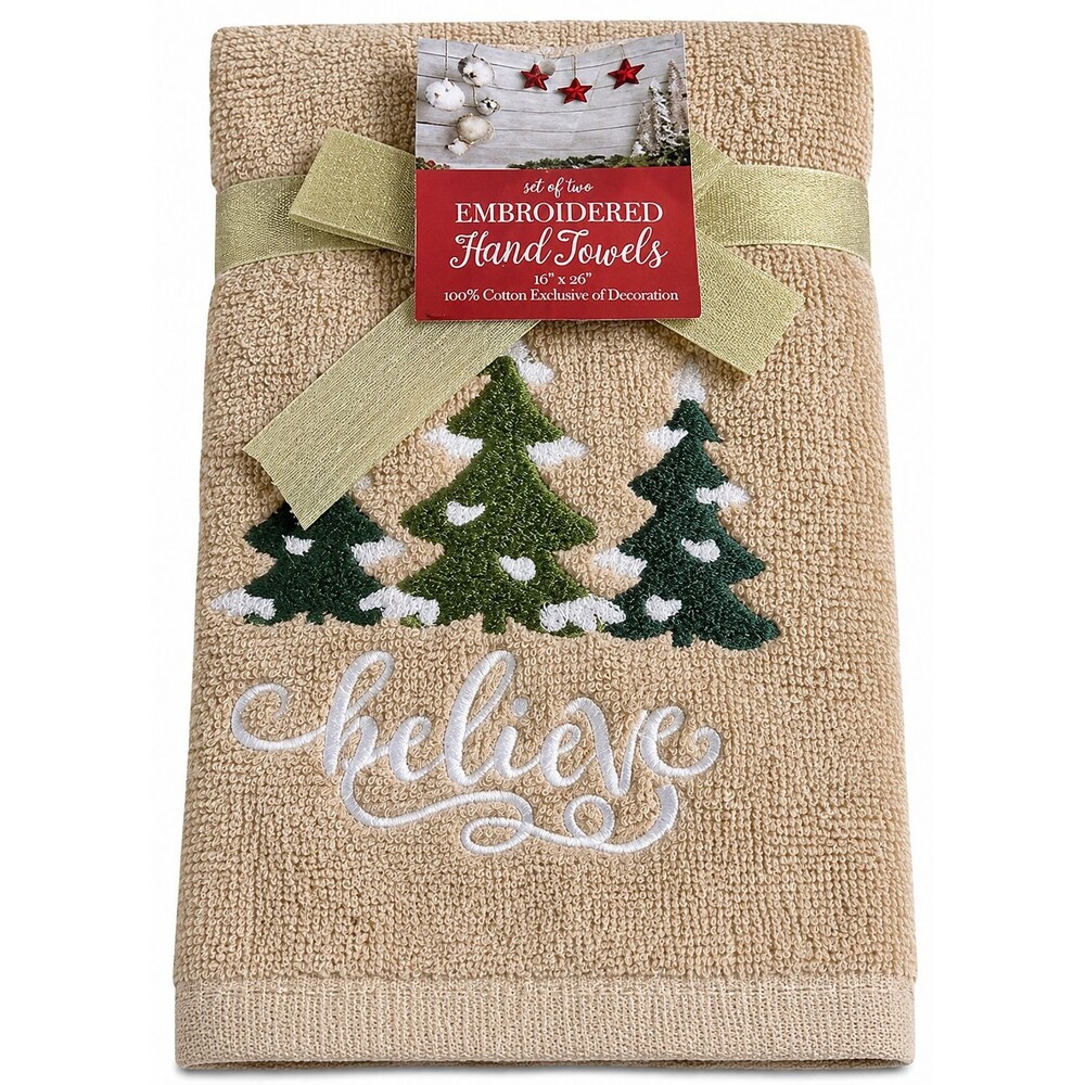 Christmas Tree Hand Towels Set of 2 Believe Embroidered Bathroom Holiday Beige